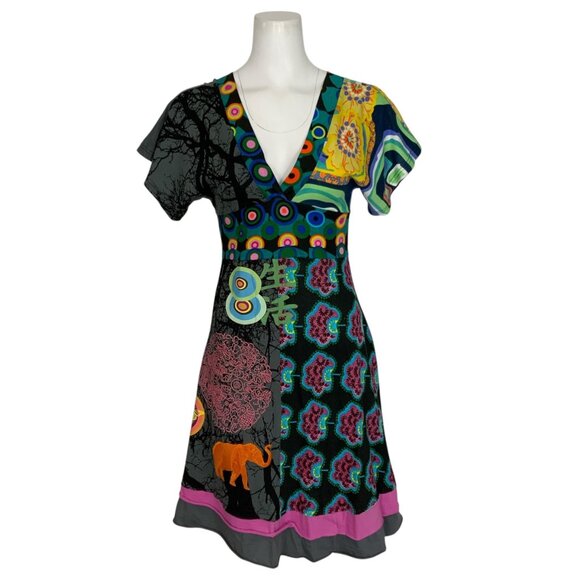 Desigual Dress S Colorful Embroidered Short Sleeve Tiered V-Neck Art To Wear - Picture 1 of 13